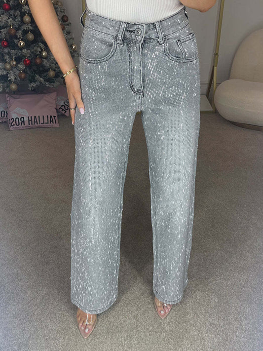 Straight denim jeans with rhinestones